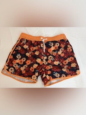 Men's Swim Shorts Small Quick-Dry Liner Orange Floral
